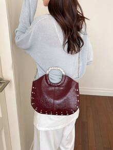 Solid Color Rivet Decoration Handbag, Minimalist And Fashionable Versatile Shoulder Crossbody Retro Armpit Bag, For Daily Commuting Use - Burgundy - View 4