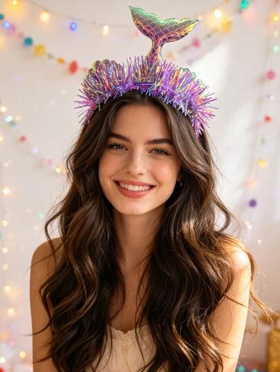 1pc Fashionable Colorful Laser Mermaid Tail Headband With Shiny Tinsel Strip, Party Head Hoop, Beach Vacation Funny Atmosphere Hair Accessory For Women
