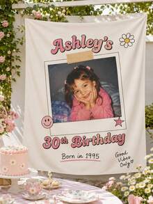 1pc Vintage Birthday Tapestry Wall Decor, Personalized Photo Backdrop, Customized Vintage Fabric Banner, Birthday Party Decoration, Celebration Wall Hanging, Room Decor, Customized Photo Gift, Personalized Keepsake - Multicolor - View 2