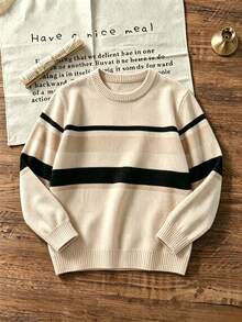Boys Beige Color Block Striped Crew Neck Knit Sweater, Casual Long Sleeve Knit Pullover, Autumn/Winter Children's Warm Top - Apricot - View 3