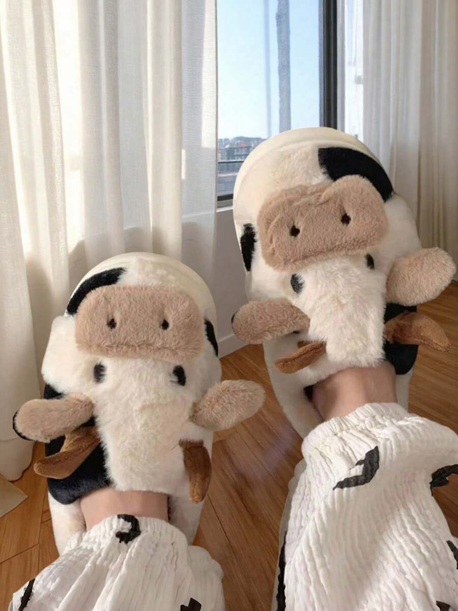 1 Pair Kids Thermal Lined Cartoon Cow Anti-Slip Flat Casual Indoor Warm Slippers, Suitable For Autumn/Winter - Black and White - View 1