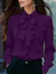 Plus Size Purple Bowtie Shirt With Bow And Ruffle Trim, Long Sleeve Regular Fit - Purple - View 3
