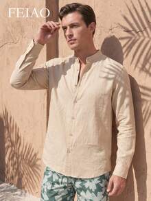 FEIAO Men's Vintage-Style Cotton Long-Sleeve Shirt With A "Worn-In" Look-Gets Softer With Every Wash, Stylish, Casual, And Versatile - Apricot - View 3