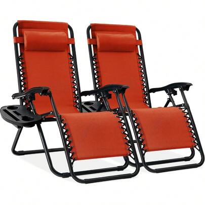 Juego de 2 sillas reclinables Ajustables de Malla de Acero con Gravedad Cero con Almohadas y bandejas para portavasos - Naranja quemada