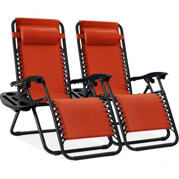 Juego de 2 sillas reclinables Ajustables de Malla de Acero con Gravedad Cero con Almohadas y bandejas para portavasos - Naranja quemada