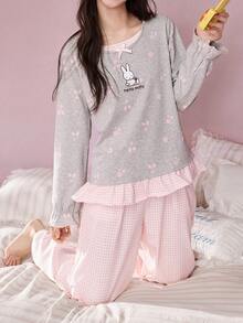 Gongdie 2 Pieces Miffy Women's Pajama Set, Spring/Autumn Pink Plaid Soft Cotton Loungewear, Faux Two-Piece Top With Rabbit Floral Print - Light Grey - View 2