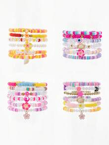 6pcs/Set Multi-Color Sweet Cute Soft Clay Resin Faux Pearl CCB Beads Shell Starfish Turtle Ocean Elements Evil Eye Flower Pentagram Bracelet Set, Suitable For Women Daily Wear And Gift - Multicolor - View 1