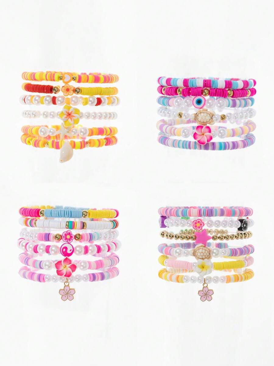 6pcs/Set Multi-Color Sweet Cute Soft Clay Resin Faux Pearl CCB Beads Shell Starfish Turtle Ocean Elements Evil Eye Flower Pentagram Bracelet Set, Suitable For Women Daily Wear And Gift - Multicolor - View 1