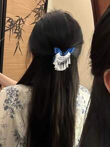 1件皇家藍刺繡蝴蝶流蘇髮夾，復古鈴鐺側夾，四季適用，攝影用髮飾 - 寶藍色 - 查看 5