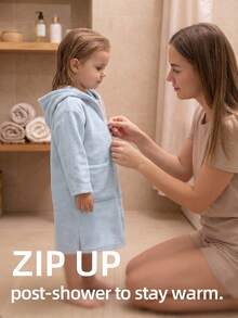 SHENG CHUN 1pc Children's Zippered Absorbent Bathrobe, Easy To Put On And Take Off, Suitable For All Seasons, Warm, Coral Fleece Bathrobe, Suitable For Multiple Ages, Children's Hooded Bathrobe, Absorbent, With Pockets, Ultra-Fine Microfiber Coral Fleece, Essential For Home, Beach, Swimming, Bathing, Hot Springs, Bathroom - Blue Triangle Stripe - View 5