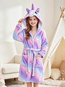 Tween Girl Ombre Unicorn Embroidered Pocket Front 3D Patched Hooded Belted Flannel Lounge Robe - Multicolor - View 2