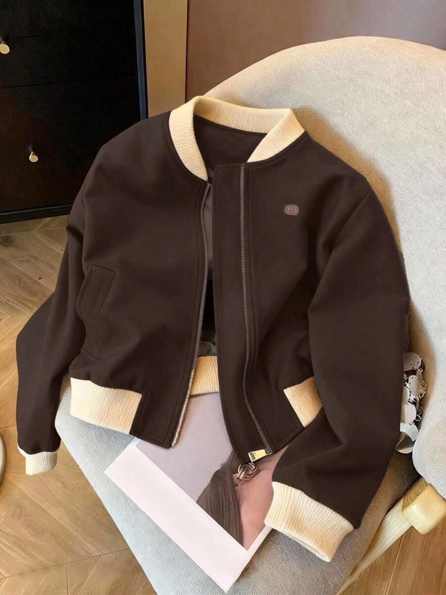 SAOYANGYU Women's Casual Daily Patchwork Contrast Color Ribbed Baseball Jacket, Small Badge Decor, Loose Fit Zip-Up Jacket, 270G Woven Fabric Spring - Coffee Brown - View 1