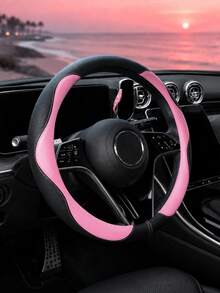 1PC Black Pink PU Leather Steering Wheel Cover, Cute Feminine Car Interior Accessories, Stylish Color Block Round Auto Decor With Soft Textured Grip, Premium Stitched Universal Fit Steering Wheel Protector For Women Daily Commute Road Trip - A - View 6
