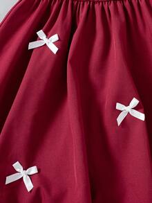 Young Girls 2 Pieces Set, New Autumn/Winter Vintage Spaghetti Strap Patchwork Bow Decor Puff Dress Princess Dress, Red Bow Ribbed Fuzzy Knit Cardigan, Fashionable Children's Outfit Suitable For Outdoor Wear - Burgundy - View 7