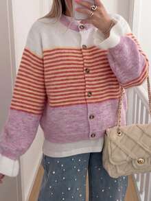 Just Masa Women's Fall Winter Casual Y2K Contrast Stripe Sweater,Ruffle Balloon Sleeve Button Up Sweater Cardigan,For Daily Wear,Going Out,Christmas - Pink - View 5