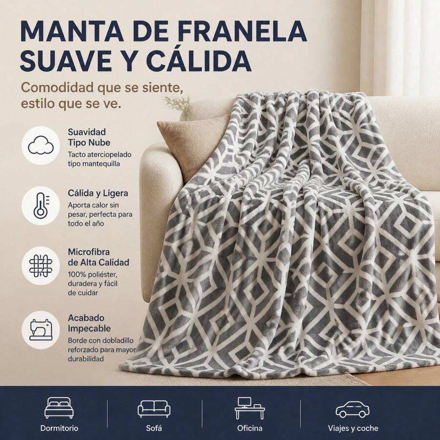 Grey And White Geometric Flannel Blanket, Soft Lightweight Microfiber Throw For Bed, Sofa And Travel, Available In 130x160cm, 160x220cm And 220x240cm - Grey - View 1