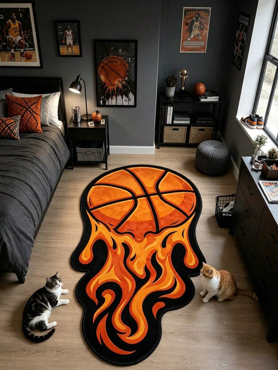 1pc Flame Basketball Shaped Floor Mat, Decorative Carpet, Floor Mat, Carpet, Living Room Carpet, Bedroom Carpet, Universal Carpet - Multicolor - View 1