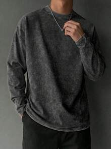 Men's Vintage Washed Distressed Tie-Dye Long Sleeve Base Layer Shirt, Black & Gray Irregular Gradient Faded Texture Solid Color Crew Neck Drop Shoulder Long Sleeve T-Shirt - Black - View 7