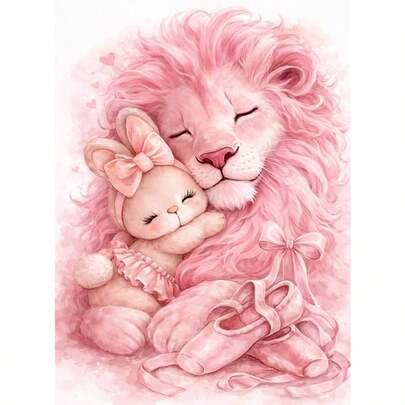 1PC | 5D DIY Diamond Painting | Pink Lion And Rabbit Pattern Diamond Painting Kit, Round Full Drill Mosaic Craft Set, High Definition Art Diamond Painting, Focus And Relax Through DIY, Suitable For Living Room, Bedroom, Office Wall Decoration, Surprise Holiday Home Decor Gift For Family And Friends, Unframed