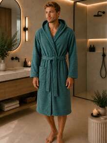 Cloudy Cotton Hooded Self-Patterned Unisex Adult Bathrobe - Mint Green - View 1