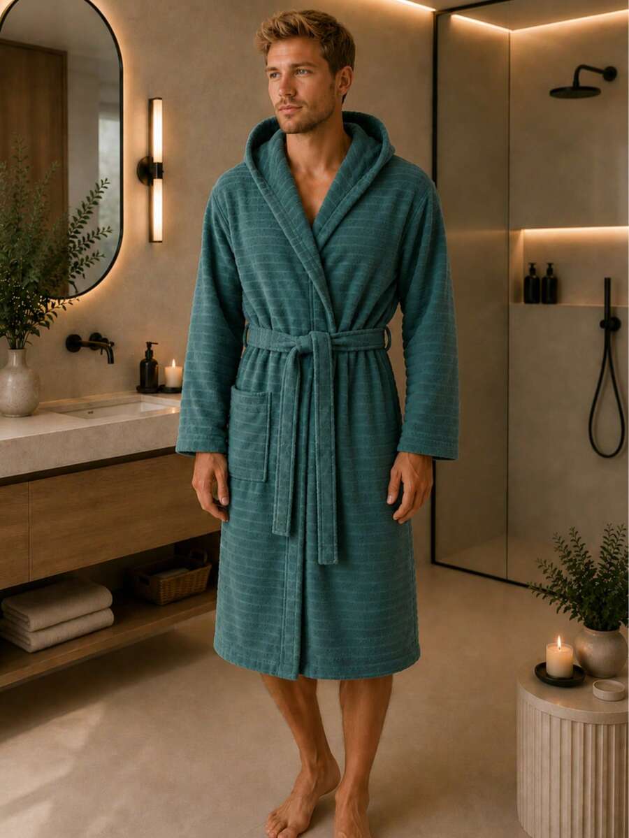 Cloudy Cotton Hooded Self-Patterned Unisex Adult Bathrobe - Mint Green - View 1