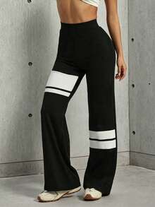 Hidkat Women's Solid Color Patchwork High Waist Elastic Fitted Yoga Casual Sports Knit Flare Pants - Black and White - View 4