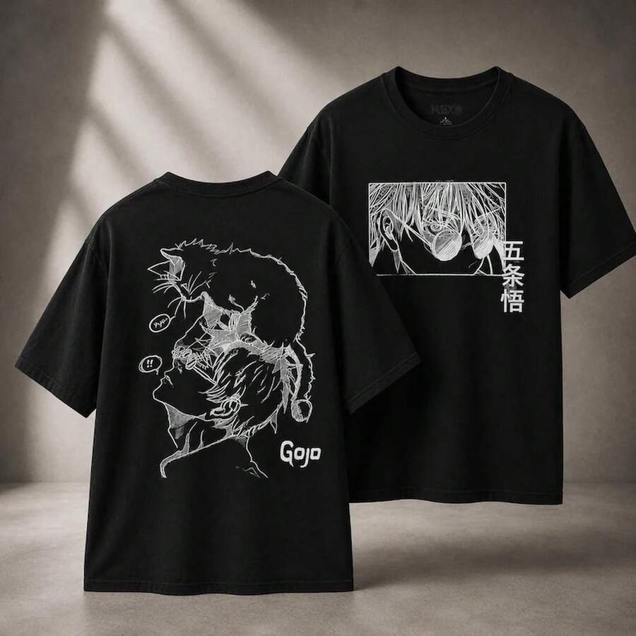 Five Cats Animation T Shirt| Japanese Street Style Manga T Shirt - 黑色 - 查看 1