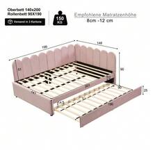 L-Shaped Upholstered Bed, 140x200 Cm Sofa Bed With Floral Backrest And Pull-Out Bed In Beige Velvet Fabric - Pink - View 2