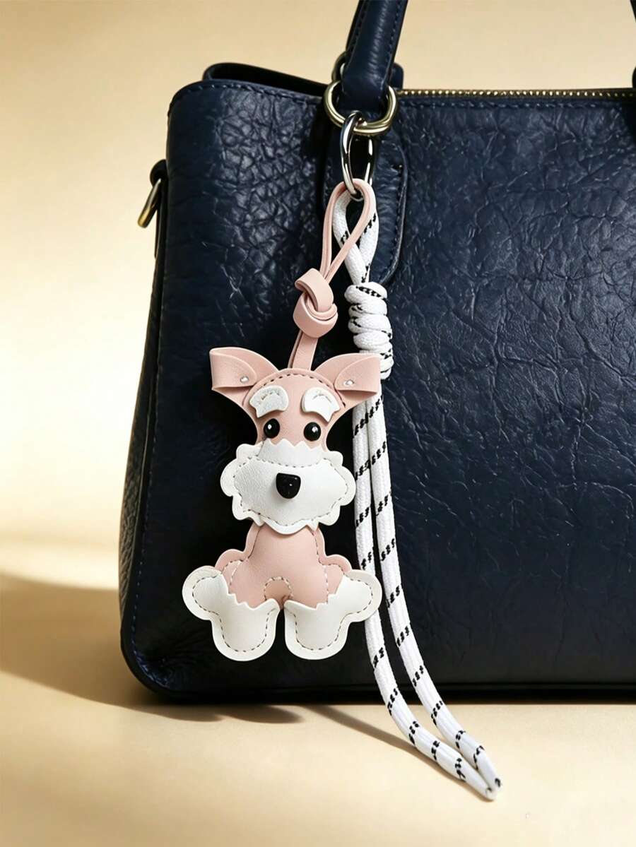 Cute Schnauzer Leather Bag Charm Keychain, Car Key Ring, Adorable Bag Decoration. Cartoon Dog Pendant With Woven Tassel Rope, Bag And Car Key Accessory, Gift For Dog Lovers, Birthday Gift, Valentine's Day, Halloween, Christmas Gift, Best Friend Matching Bag Accessory. - Multicolor - View 1
