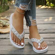 Butterfly Rhinestone Wedge Flip Flops For Women, Summer Outdoor Thick Sole Toe-Post Slippers, Beach Vacation Sparkling Rhinestone Sandals - White - View 2