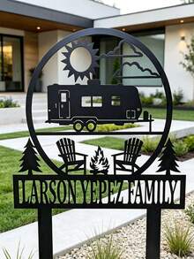 Customizable Family Name RV Camping Metal Yard Sign, Outdoor Camping Theme Garden Lawn Decor, Weather-Resistant Metal Silhouette Art, Suitable For Backyard Campsite Farmhouse Patio, Personalized Text Camper Decor Gift - Multicolor - View 6