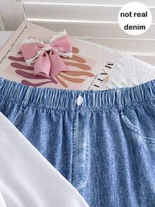 Tween Girls' Casual Fashion 2pcs Set, Pink Satin Bow Long Sleeve Top And Butterfly Print Straight Leg Pants, Spring/Autumn - White - View 7