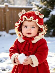 0-2 Years Old Baby Girl Knitted Hat, Cute Bow Rabbit Ears Ruffle Edge, Soft Warm Tie Knitted Hat, Autumn/Winter Cute Infant Toddler Headwear - Multicolor - View 5