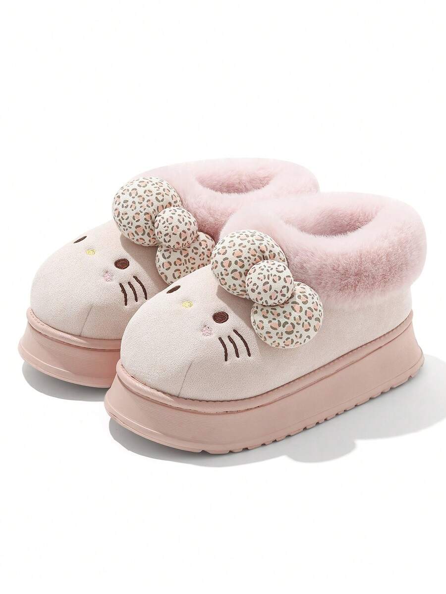 Women's Hello Kitty Winter Bow Thick Sole Slippers, Cute Thermal Lined Warm Lightweight Slip-On Closed Toe Slippers