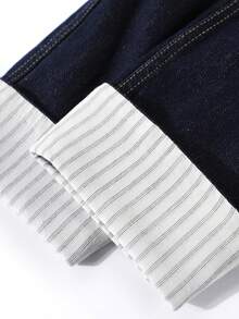 Korean Style Vintage Elegant Denim Jacket With Zipper Front, Patchwork Striped Cuffs Design, Spring Casual Travel Vacation - Blue - View 5