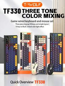 T-WOLF Set Keyboard dan Mouse Gaming, Keyboard dan Mouse Berkabel dengan Lampu Latar, Keyboard Kantor/Rumah Berkabel 98 Tombol dengan Blok Warna Kustomisasi Cetakan Pribadi, 6 Buah Mouse Multi-Warna - View 2