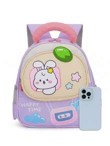 1 pieza Mochila ligera con estampado de conejo lindo en colores contrastantes, mochila casual para estudiantes - Morado - Ver 2