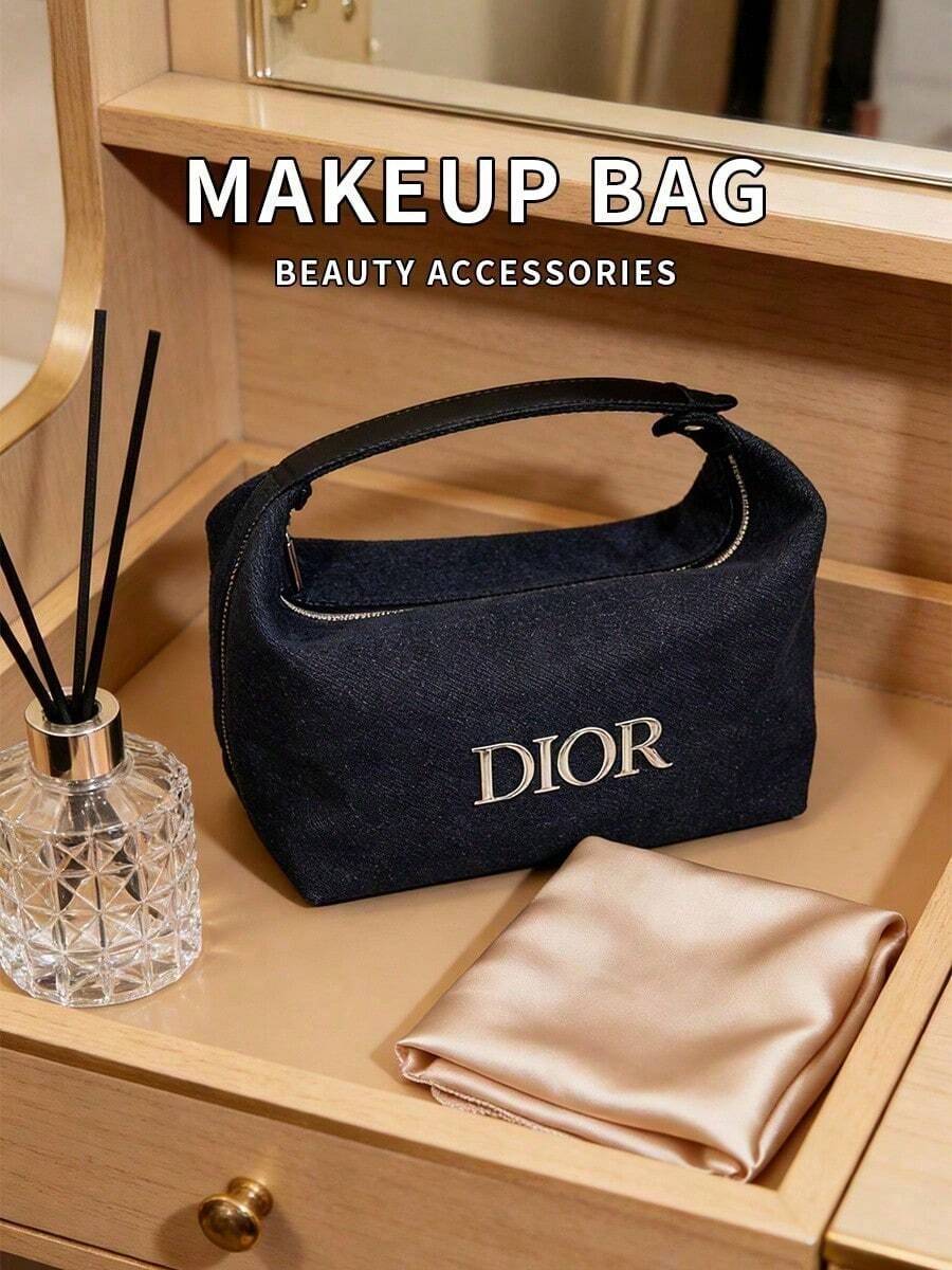 Dark Denim Handheld Cosmetic Bag Multi-Space Makeup Storage Organizer Metal Letter Logo Wash Pouch Classic Luxury Beauty Gift For Women - Dior Cosmetic Bag DIOR-GIFT-123 - Denim Blue - View 1