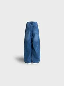 Tween Boy Simple Light Wash Wide Leg Jeans, 8-11 Years, New Sand-Washed Process, Elastic Waistband, Adjustable Fit, No Zipper Design, Semi-Elastic, Loose Fit, Classic Versatile Denim Pants, All-Season Wear - Light Wash - View 12