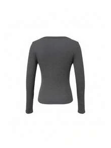 Sexy V-Neck Fitted Long Sleeve Knit Top, Waist-Cinching Inner Layer, Autumn T-Shirt For Women - Dark Grey - View 9