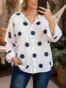 Blus Ukuran Besar Gaya Prancis Motif Polkadot Transparan Lengan Panjang Leher Bulat Warna Putih - Putih - View 2