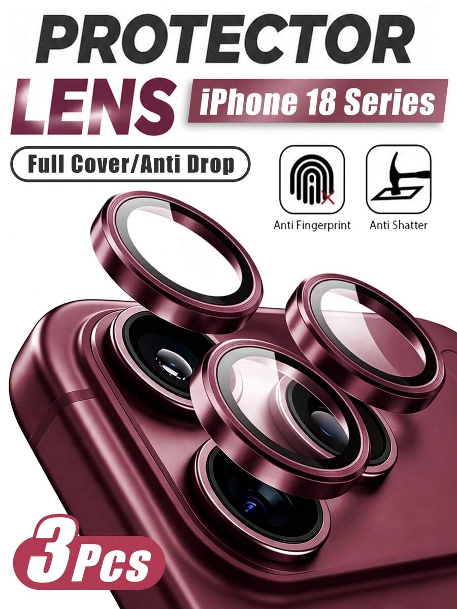 3pcs [2026 New] 9H Tempered Glass Camera Lens Protector, Compatible With IPhone 18 Pro Max/18 Pro, CD Texture, Anti-Scratch, High Definition Transparent, Metal Ring Decoration, Bubble-Free And Easy Installation, Suitable For Phone Case (Burgundy) - Burgundy - View 1
