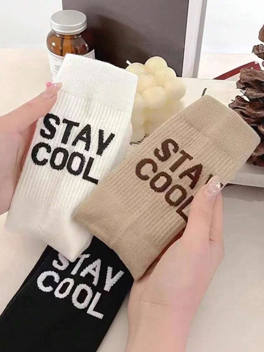 3/6 pares de calcetines de invierno para mujer con estampado de letras, suaves y transpirables, estilo minimalista para volver a la escuela - Multicolor - Ver 1