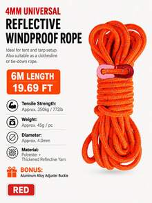 6m 4mm Reflective Tent Guy Rope, Heavy Duty Polyester Windproof Rope With Aluminum Alloy Double Eye Adjustment Buckle, Multi-Color Outdoor Canopy Awning Fixing Rope, Camping Waterproof Tarp Hanging And Binding Use - Multicolor - View 13