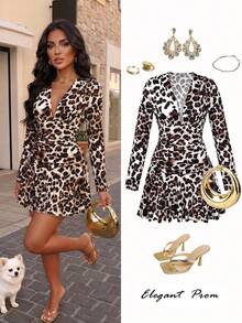 Fashion Women's Deep V-Neck Printed Dress, Long Sleeve Ruffle Hem, Medium Stretch Knit Fabric, Elegant Autumn Style - Leopard Brown - View 5