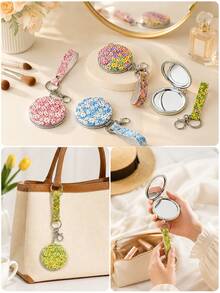 1pc Floral Portable Double-Sided Folding Makeup Mirror, Daily Makeup Mirror With Lanyard Keychain, Mini Pocket Mirror, Multi-Color Compact Mirror For Commuting, Business Trip, Travel, Anti-Drop Shell Magnifying Mirror, Can Be Hung On Bag - Multicolor - View 3