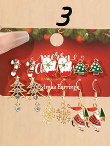 6 pares/18 pares Combo de pendientes navideños - Copo de nieve, reno, pendientes colgantes de árbol de Navidad, accesorios de joyería festivos adecuados para fiestas navideñas - Multicolor - Ver 4
