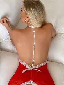 Women's Red & White Lace Sheer Backless Halter Neck Sexy Nightgown, Bow Design, Suitable For Wedding Bridal Lingerie Sexy Sleepwear - Red - View 1