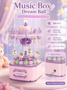 1pc 782/836 PCS Mechanical Wind-Up Building Block Music Box, 2 Styles Available, Rotates While Playing Music, Dream Carousel & Space Explorer Small Blocks Toy, Desktop Display Decor, Gift Idea - Clear - View 2