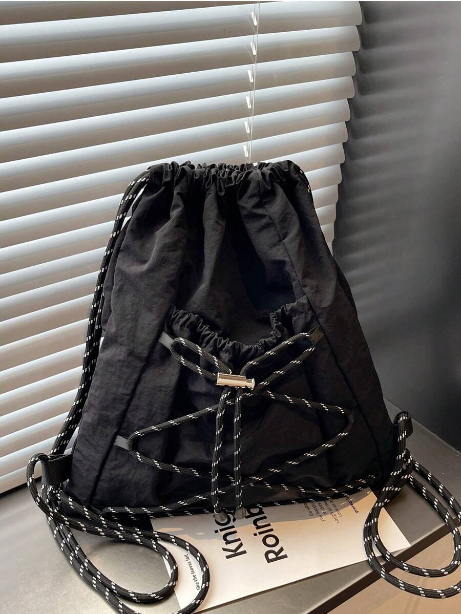 Tas Serut Hitam, Ransel Serut Multifungsi Kapasitas Besar, Gaya Olahraga Modis, Cocok Untuk Sekolah, Bepergian, Penggunaan Kasual Sehari-hari, Desain Lucu - Hitam - View 1